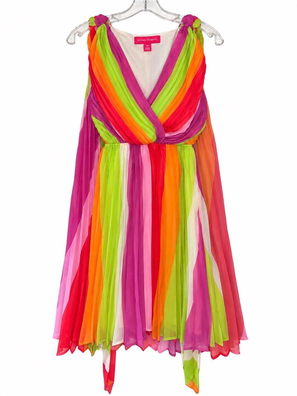 Flying Tomato Rainbow Pleated Chiffon Midi Dress M Wrap V Neck Resort Party